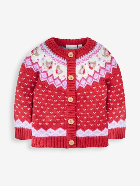 JoJo Maman Bébé Red Girls' Robin Fair Isle Cardigan