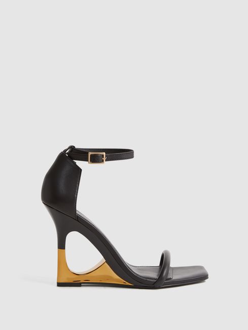 Reiss Black/Gold Cora Leather Strappy Wedge Heels