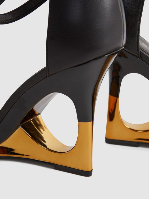 Reiss Black/Gold Cora Leather Strappy Wedge Heels