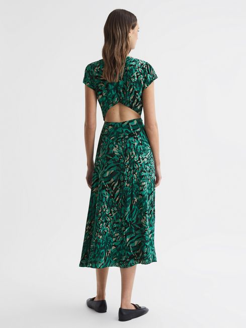 Reiss Green Livia Printed Cut Out Fitted Midi Dress