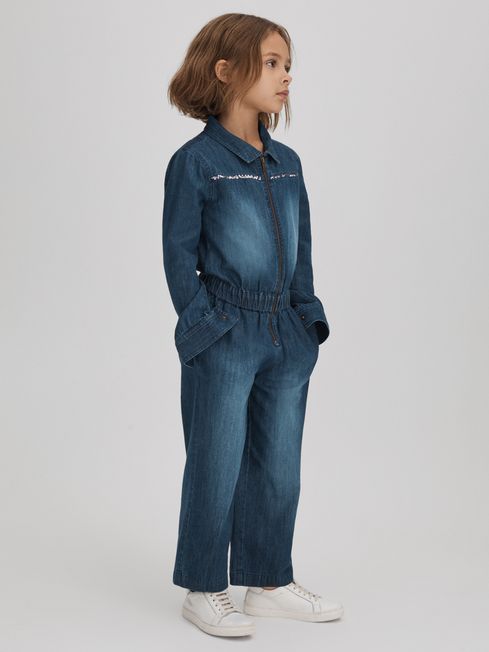 Reiss Blue Marnie Junior Elasticated Embellished Denim Jumpsuit