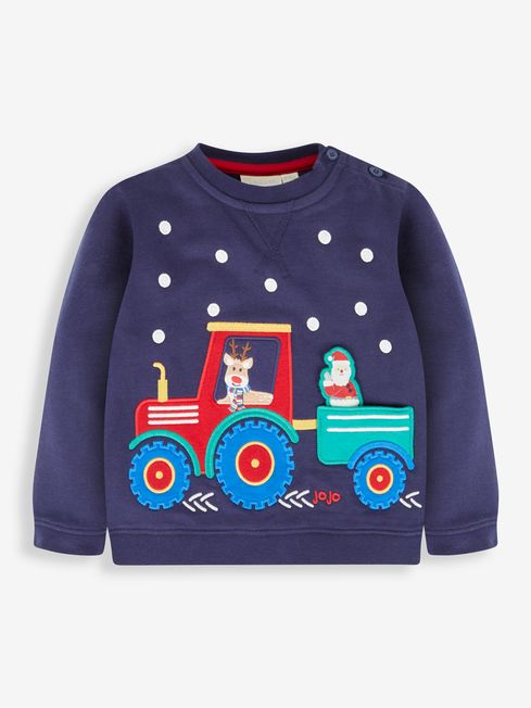 JoJo Maman Bébé Navy Blue Santa In a Tractor Appliqué Sweatshirt