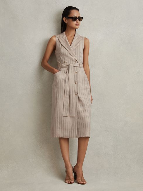 Reiss Neutral Andie Wool Blend Striped Double Breasted Midi Dress
