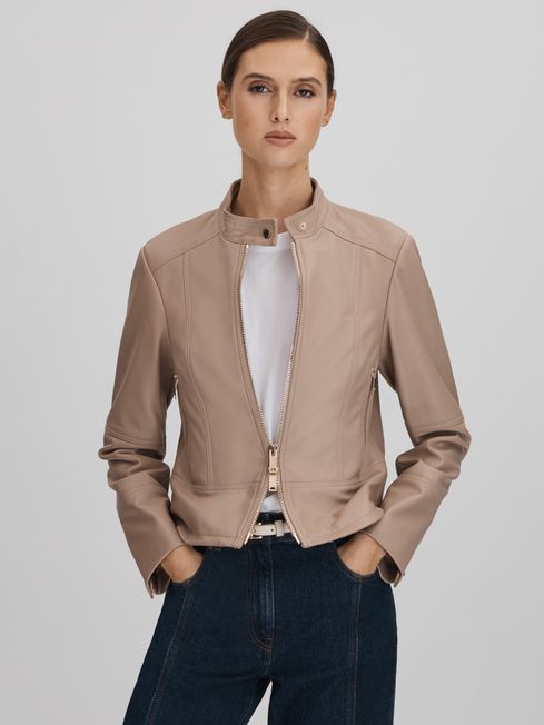 Reiss Neutral Lola Leather Zip-Front Jacket