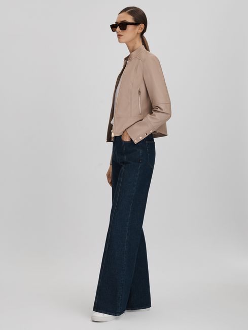 Reiss Neutral Lola Leather Zip-Front Jacket