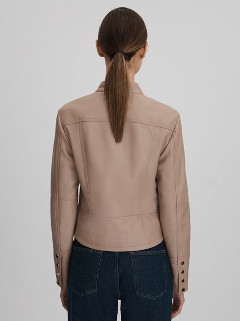 Reiss Neutral Lola Leather Zip-Front Jacket