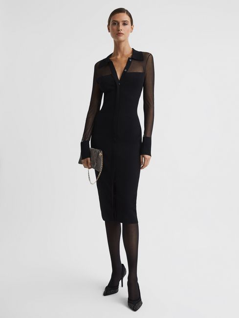 Reiss Black Nala Sheer Knitted Button-Through Midi Dress