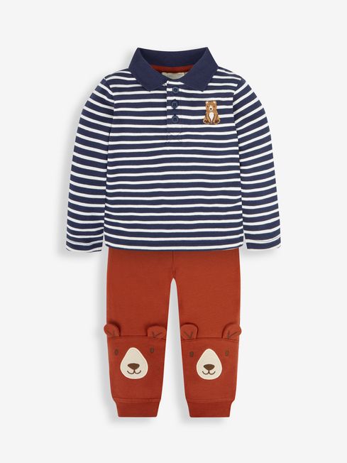 JoJo Maman Bébé Navy Bear Embroidered Polo Shirt & Appliqué Trousers