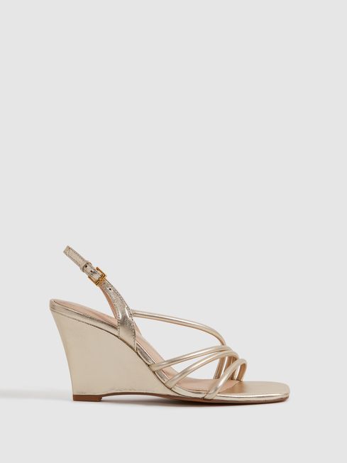 Reiss Gold Anya Leather Strappy Wedge Heels