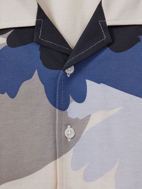 Junior Mercerised Cotton Cuban Collar Shirt in Grey/Blue Multi