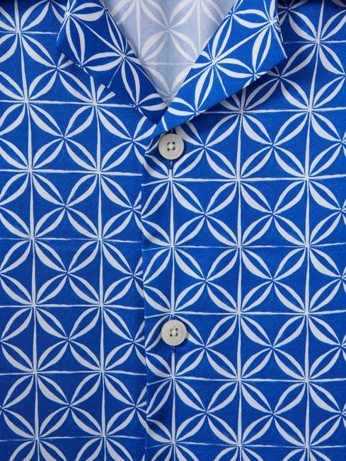 Printed Cuban Collar Shirt in Bright Blue/White