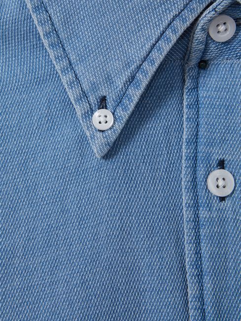 Reiss Washed Blue Minoa Chambray Pique Button-Through Shirt