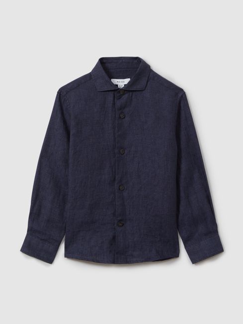 Reiss Navy Ruban 9-13 yrs Striped Linen Cutaway Collar Shirt
