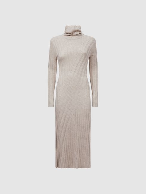 Reiss Neutral Cady Petite Fitted Knitted Midi Dress