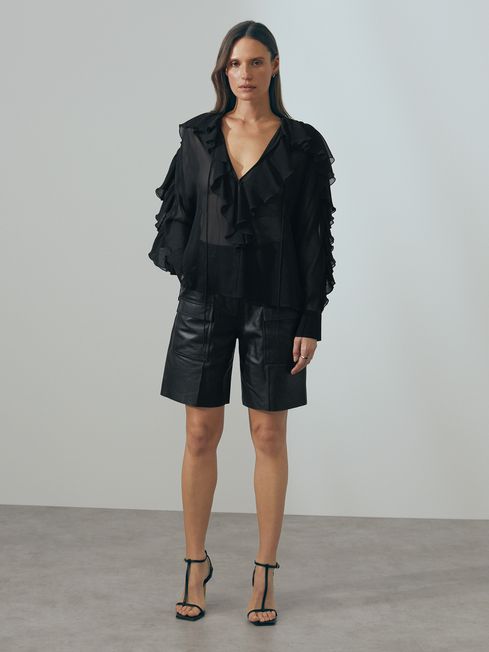 Black silk ruffle blouse clearance