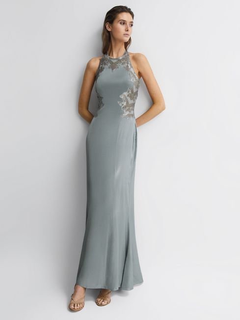 Reiss Silver Fern Fitted Lace Halter Neck Maxi Dress