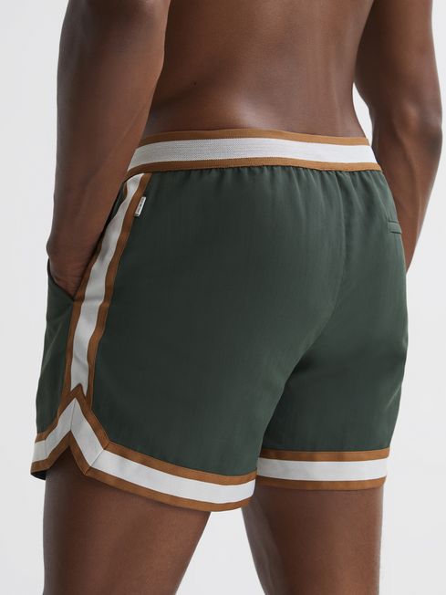Reiss | Ché Elasticated Waist Contrast Swim Shorts in Deep Forest/Tobacco