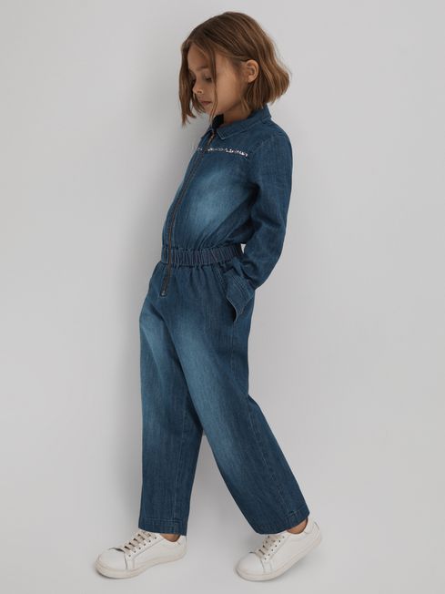 Reiss Blue Marnie Teen Elasticated Embellished Denim Jumpsuit