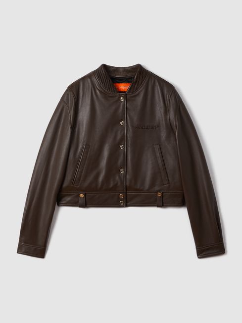 Reiss x McLaren F1 Team Chocolate Cropped Leather Bomber Jacket