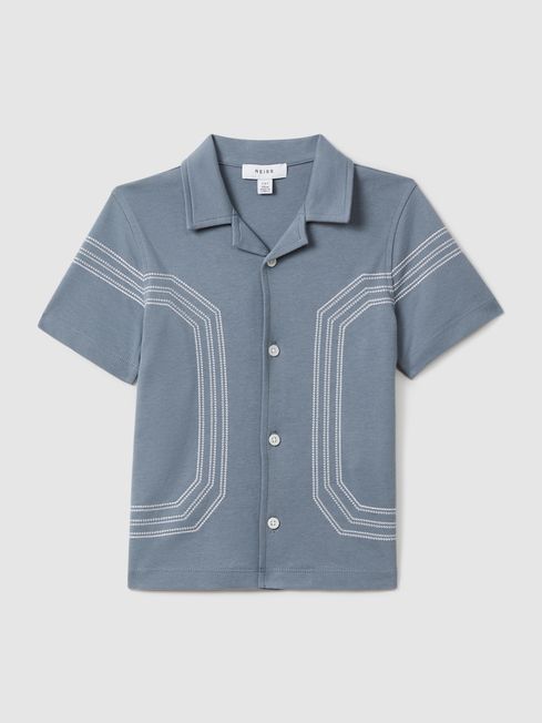 Reiss Airforce Blue Arlington Teen Cotton Embroidered Cuban Collar Shirt
