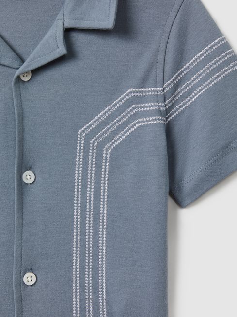 Reiss Airforce Blue Arlington Teen Cotton Embroidered Cuban Collar Shirt