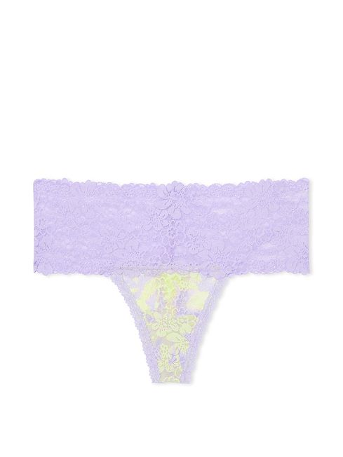 Victoria's Secret PINK Lime & Lilac Palm Print Purple Hipster Thong Lace Knickers