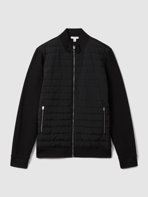 Reiss Black Flintoff Hybrid Quilt and Knit Zip Through Jacket