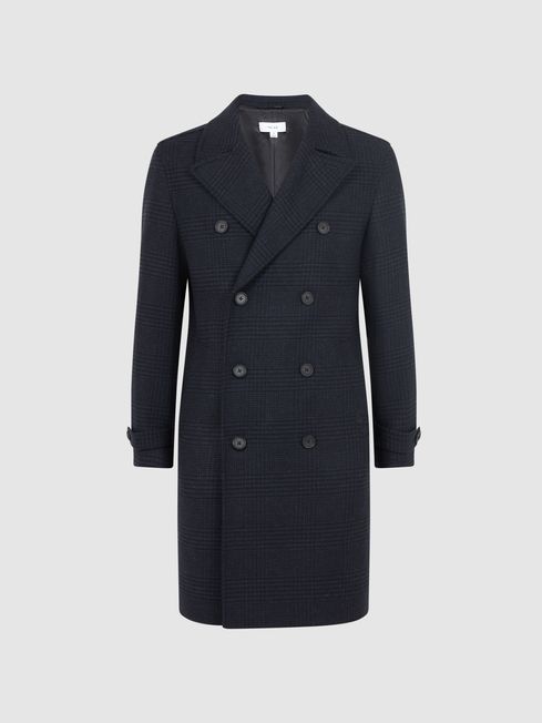 Reiss Navy Attention Wool Check Double Breasted Coat