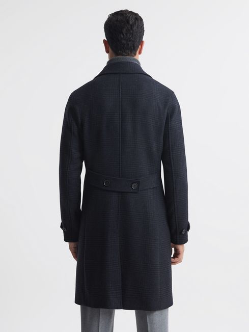 Reiss Navy Attention Wool Check Double Breasted Coat