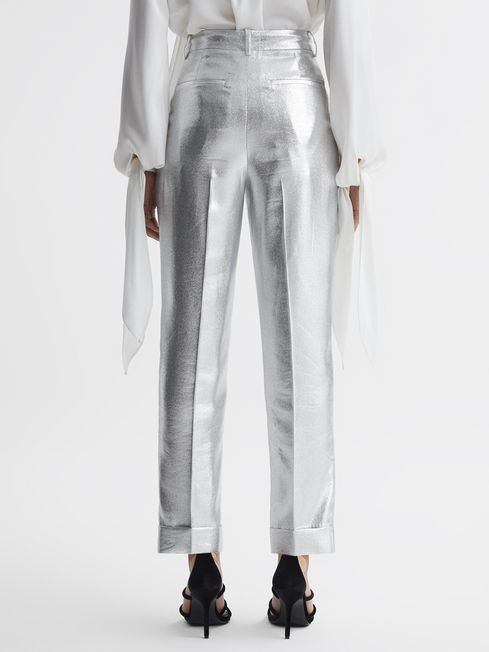 Reiss Silver Sierra Tapered Metallic Trousers with Turn-Ups