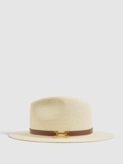 Reiss Natural Gigi Faux Leather Trim Woven Hat