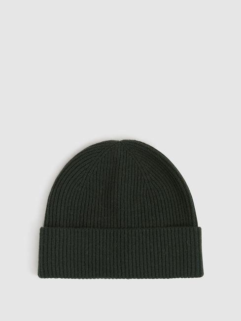 Reiss Forest Green Chaise Merino Wool Ribbed Beanie Hat