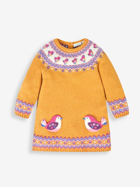 JoJo Maman Bébé Mustard Yellow Bird Girls' Fair Isle Knitted Dress