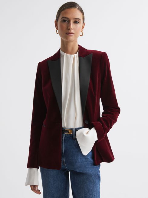 Reiss Red Opal Fitted Velvet Single Breasted Suit Blazer
