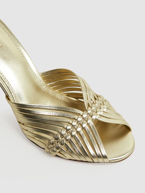 Reiss Gold Imogen Leather Woven Heeled Mules
