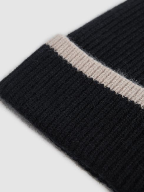 Reiss Black/Camel Hattie Wool Ribbed Beanie Hat