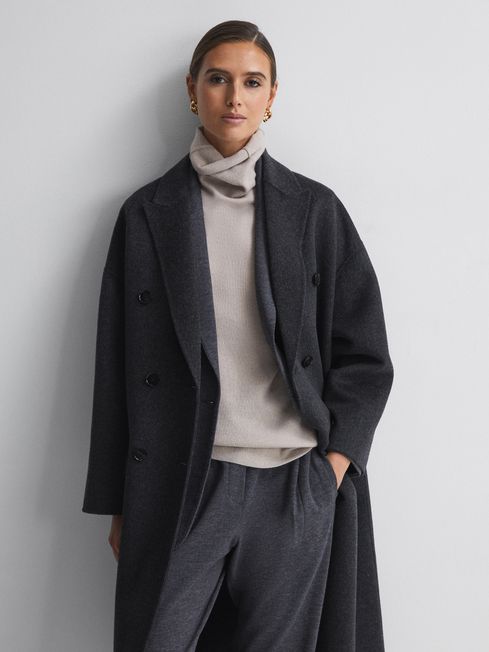 Reiss Charcoal Layah Petite Relaxed Wool Blend Double Breasted Coat