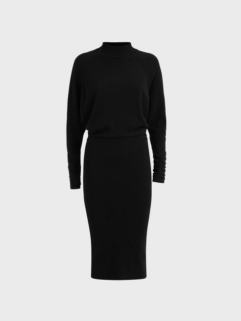 Reiss Black Freya Petite Knitted Long Sleeve Midi Dress