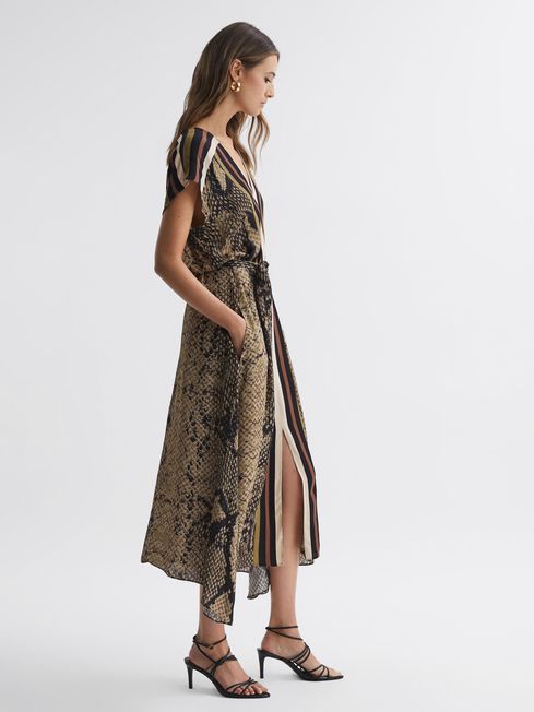 Reiss Brown Bea Snake Print Midi Dress