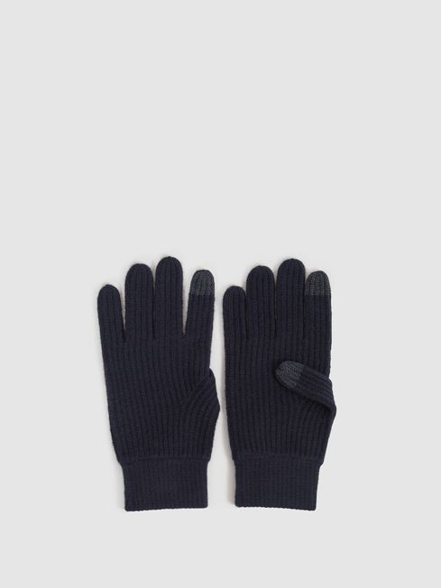Reiss Navy Lawson Merino Wool Ribbed Gloves