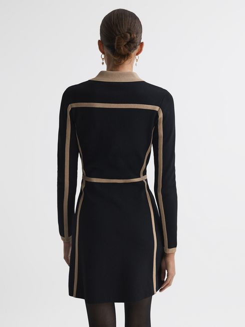 Reiss Black/Camel Nikki Contrast Trim Press-Stud Mini Dress