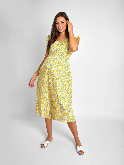 JoJo Maman Bébé Yellow Lemon Floral Print Frill Sleeve Maternity Midi Dress