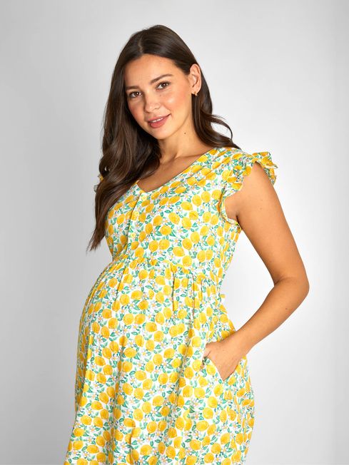 Yellow Lemon Floral Print Frill Sleeve Maternity Midi Dress