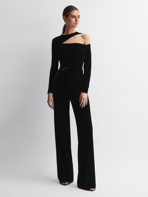Petite Velvet Off The Shoulder Jumpsuit in Black REISS USA