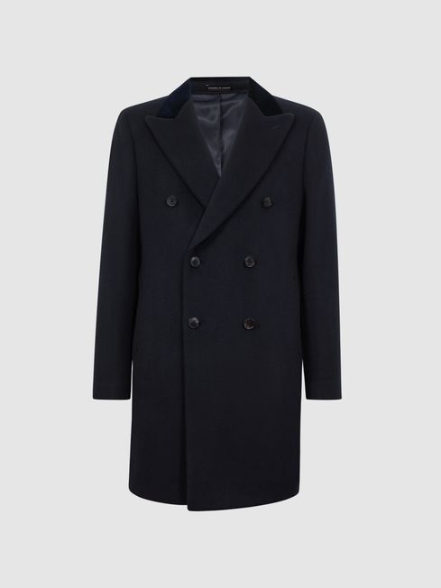 Trench Coat - Long Navy Wool Coat With Velvet Cuffs