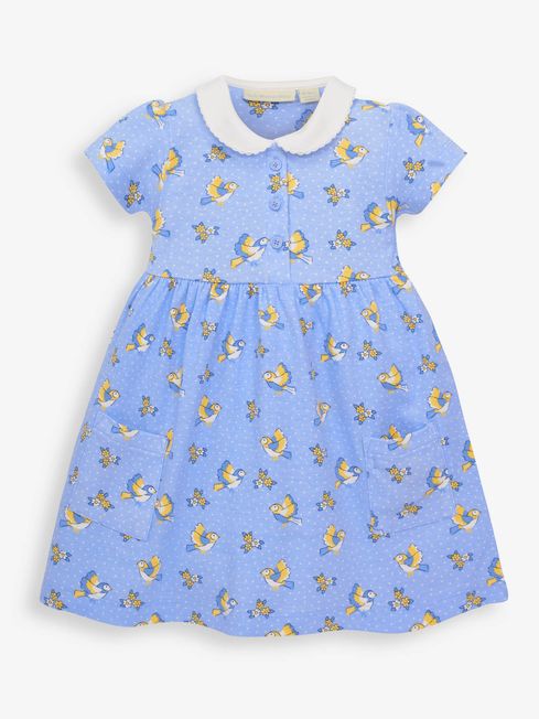 JoJo Maman Bébé Blue Girls' Bird Print Pet in Pocket Dress