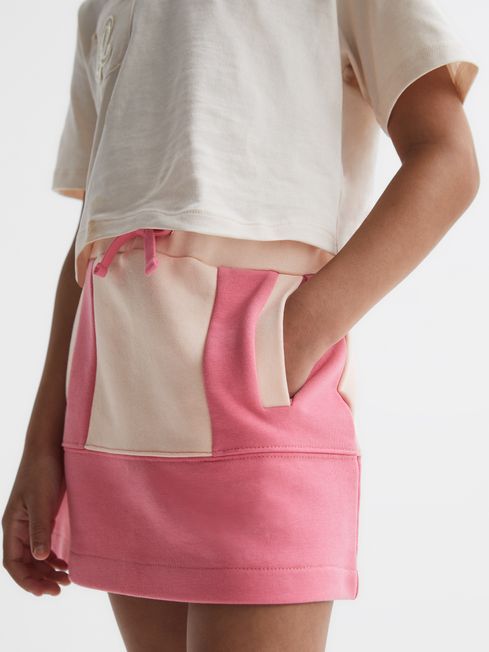 Reiss Pink Macey Senior Colourblock Cotton Drawstring Skirt