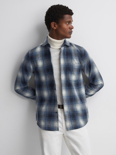 Reiss Blue Multi Novelli Wool Checked Long Sleeve Shirt