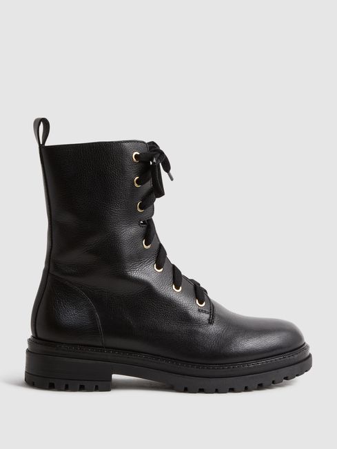 Reiss Black Jenna Leather Lace-Up Boots