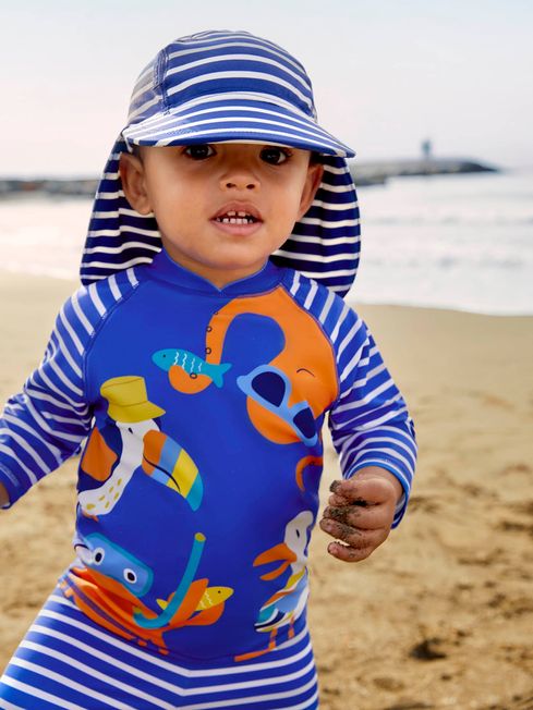 JoJo Maman Bébé Navy Kids' Stripe Flap Sun Protection Hat